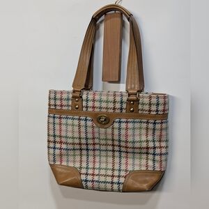 COACH Hampton Tattersall Plaid Tote Bag Leather Shoulder Purse with Tan Accents